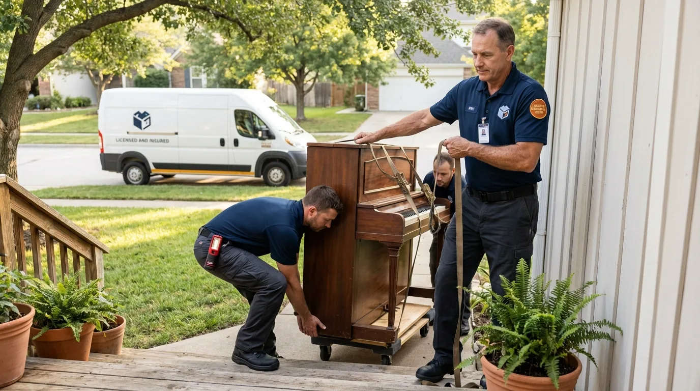 Licensed piano movers securing grand piano in Anderson, IN