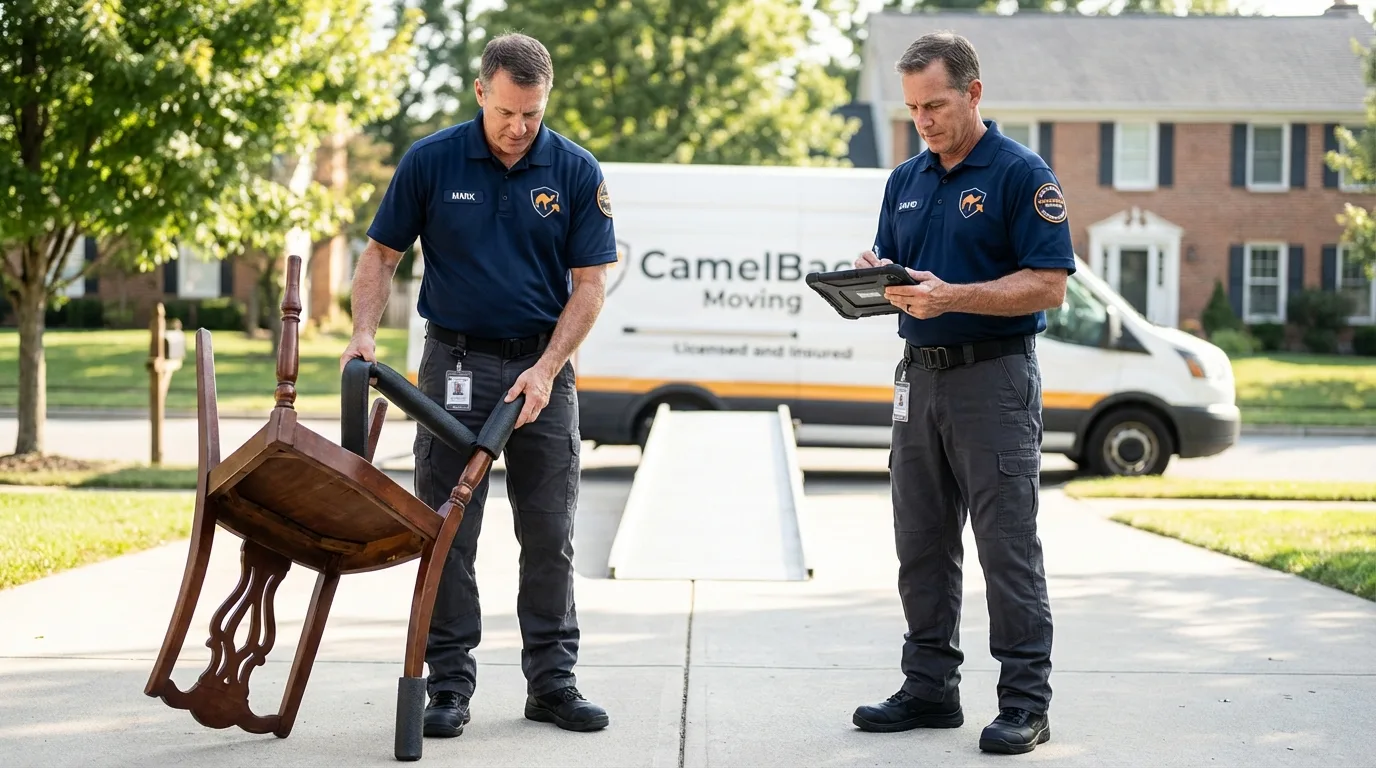 Movers inspecting furniture for damage prevention before loading in Anderson, IN